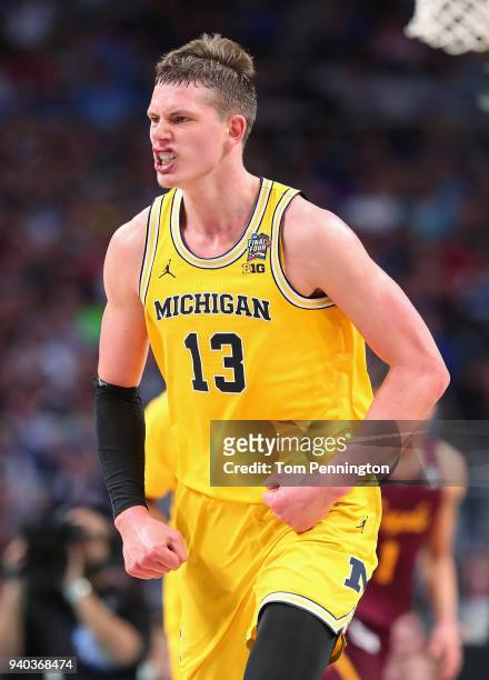 Moritz Wagner of the Michigan Wolverines reacts in the first half against the Loyola Ramblers during the 2018 NCAA Men's Final Four Semifinal at the...