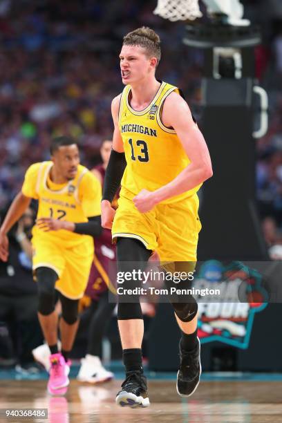 Moritz Wagner of the Michigan Wolverines reacts in the first half against the Loyola Ramblers during the 2018 NCAA Men's Final Four Semifinal at the...