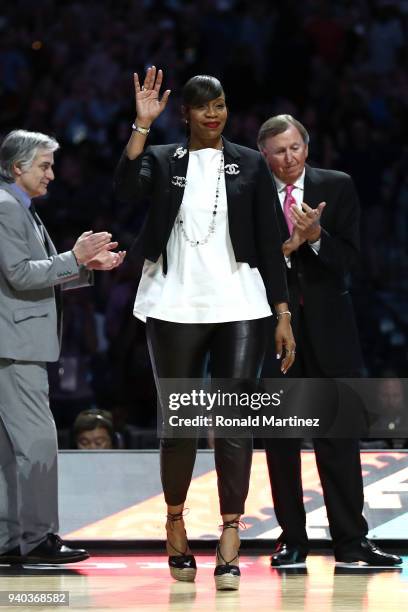 Naismith Hall of Fame Inductee Tina Thompson is introduced during the 2018 NCAA Men's Final Four Semifinal between the Michigan Wolverines and the...