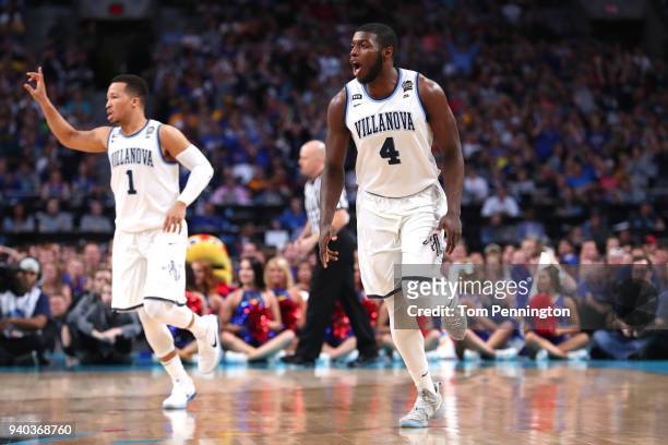 Eric Paschall of the Villanova Wildcats reacts in the first half against the Kansas Jayhawks during the 2018 NCAA Men's Final Four Semifinal at the...