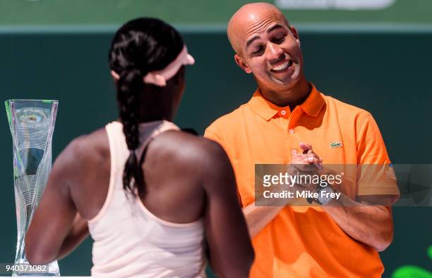 Sloane Stephens of the USA thanks tournament director Jame Blake after beating Jelena Ostapenko of Latvia 7-5 6-1 in the women's final on Day 13 of...