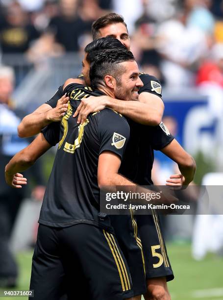 Dejan Jakovic and Benny Feilhaber of Los Angeles FC celebrate after a goal in the first half of the game against the Los Angeles Galaxy at StubHub...