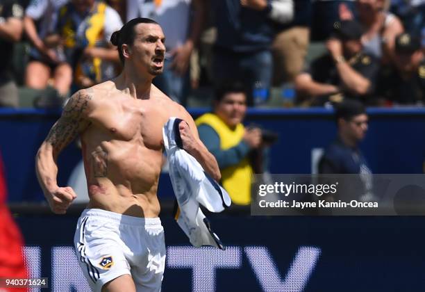 Zlatan Ibrahimovic of Los Angeles Galaxy celebrates after scoring a goal in the second half of the game against the Los Angeles FC as at StubHub...