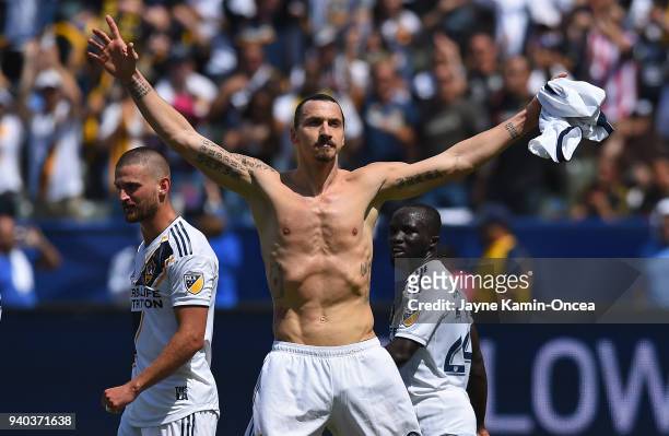 Zlatan Ibrahimovic of Los Angeles Galaxy celebrates after scoring a goal in the second half of the game against the Los Angeles FC at StubHub Center...