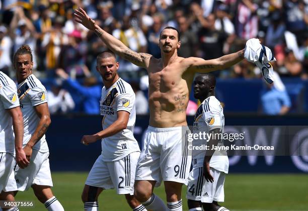 Zlatan Ibrahimovic of Los Angeles Galaxy celebrates after scoring a goal in the second half of the game against the Los Angeles FC at StubHub Center...