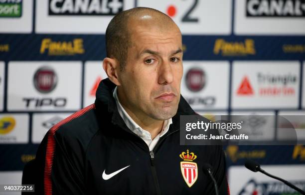 Coach of Monaco Leonardo Jardim answers to the media following the French League Cup final between Paris Saint-Germain and AS Monaco on March 31,...