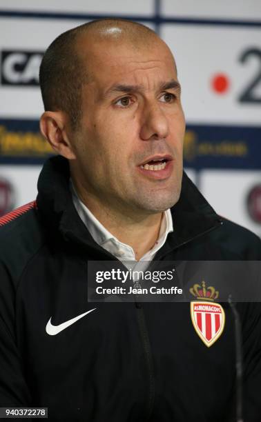 Coach of Monaco Leonardo Jardim answers to the media following the French League Cup final between Paris Saint-Germain and AS Monaco on March 31,...