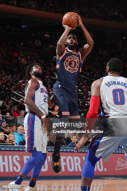 Tim Hardaway Jr. #3 of the New York Knicks drives to the basket during the game against the Detroit Pistons on March 31, 2018 at Madison Square...