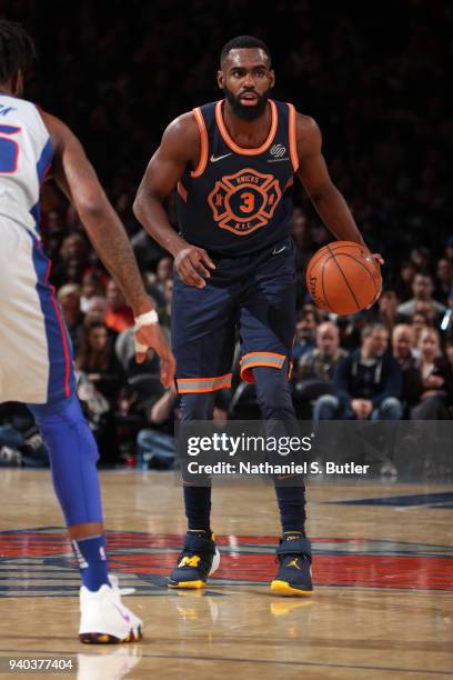 Tim Hardaway Jr. #3 of the New York Knicks handles the ball during the game against the Detroit Pistons on March 31, 2018 at Madison Square Garden in...