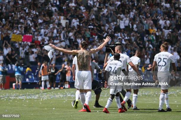 Zlatan Ibrahimovic of Los Angeles Galaxy celebrates after scoring a goal to make it 3-3 during the MLS match between Los Angeles FC and Los Angeles...