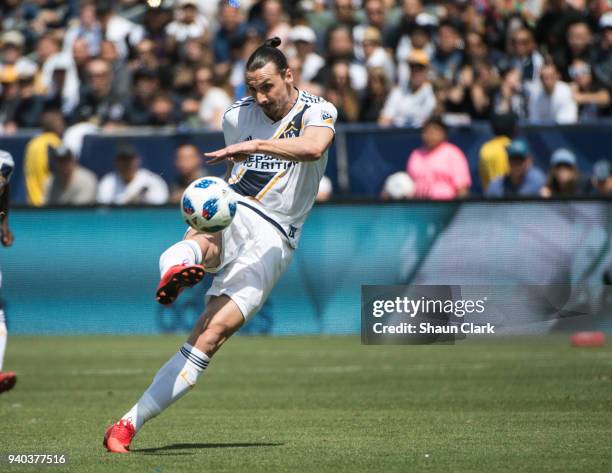 Zlatan Ibrahimovic of Los Angeles Galaxy scores his first goal for the Los Angeles Galaxy during the Los Angeles Galaxy's MLS match against Los...
