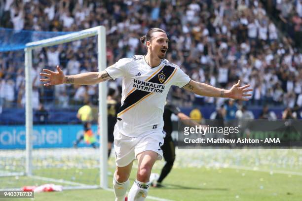 Zlatan Ibrahimovic of Los Angeles Galaxy celebrates after scoring a goal to make it 4-3 during the MLS match between Los Angeles FC and Los Angeles...