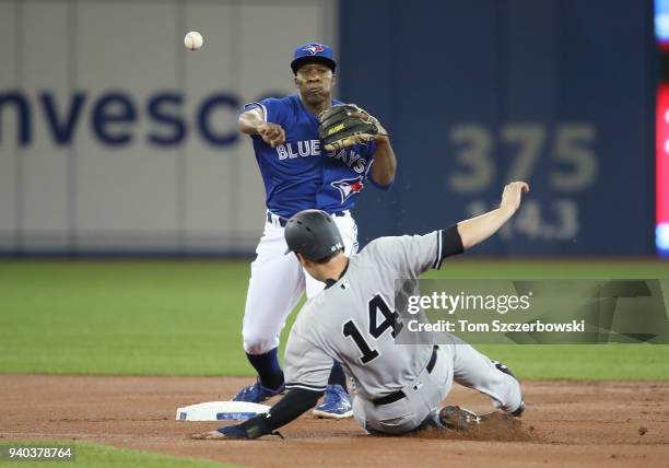 Gift Ngoepe of the Toronto Blue Jays turns a double play in the first inning during MLB game action as Neil Walker of the New York Yankees slides...