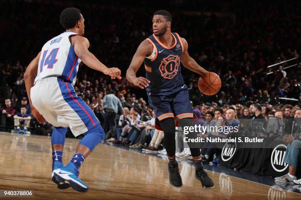 Emmanuel Mudiay of the New York Knicks passes the ball during the game against the Detroit Pistons on March 31, 2018 at Madison Square Garden in New...