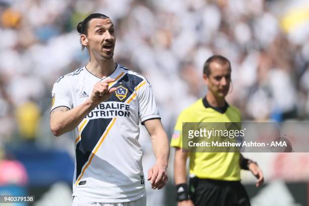 Zlatan Ibrahimovic of Los Angeles Galaxy reacts to an opponent after being tackled during the MLS match between Los Angeles FC and Los Angeles Galaxy...