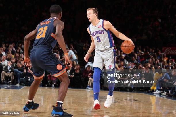 Luke Kennard of the Detroit Pistons handles the ball during the game against the New York Knicks on March 31, 2018 at Madison Square Garden in New...