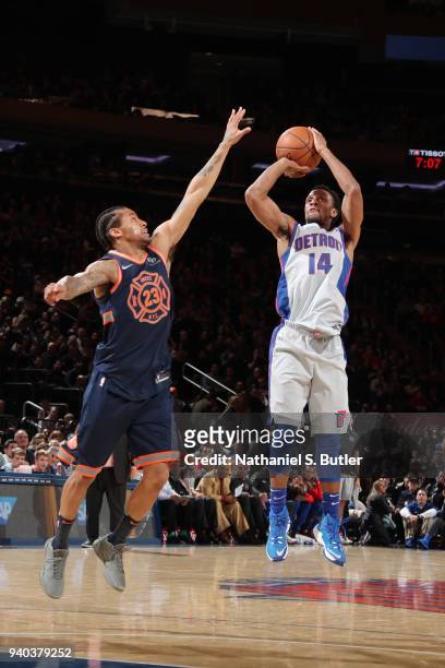 Ish Smith of the Detroit Pistons shoots the ball during the game against the New York Knicks on March 31, 2018 at Madison Square Garden in New York...