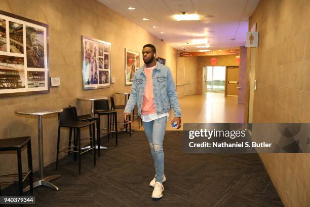 Emmanuel Mudiay of the New York Knicks arrives before the game against the Detroit Pistons on March 31, 2018 at Madison Square Garden in New York...