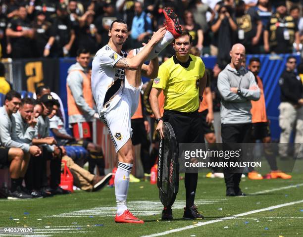 Zlatan Ibrahimovic from LA Galaxy waits to be substituted in the second half against LAFC during their Major League Soccer game at the StarHub Center...