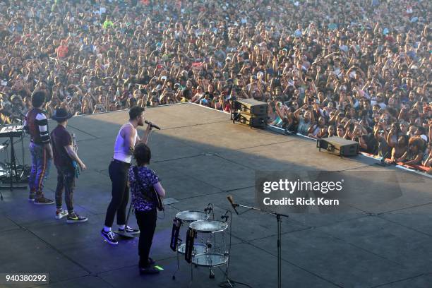 Drummer Daniel Platzman, keyboard/bassist Ben McKee, singer Dan Reynolds and lead guitarist Wayne Sermon of Imagine Dragons perform onstage during...