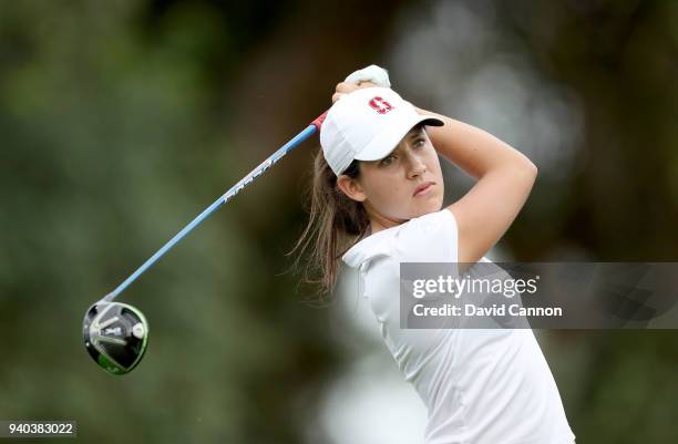 Albane Valenzuela of Switzerland plays her tee shot on the par 4, 16th hole during the third round of the 2018 ANA Inspiration on the Dinah Shore...