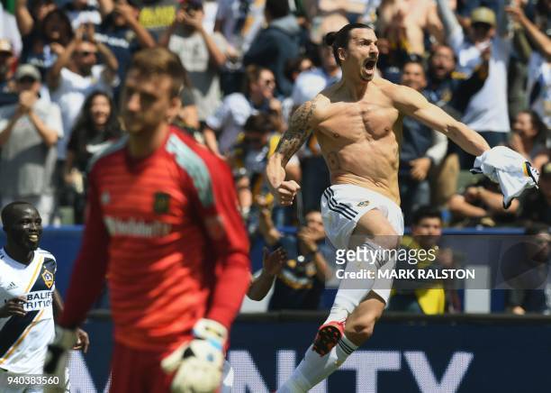 Zlatan Ibrahimovic from LA Galaxy celebrates after scoring against LAFC during their Major League Soccer game at the StarHub Center in Los Angeles,...