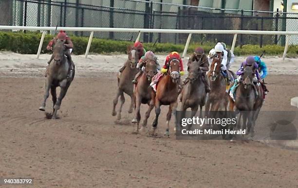 The field rounds the fourth turn as Audible, with John R. Velazquez up, captures the Florida Derby at Gulfstream Park in Hallandale, Fla., on...