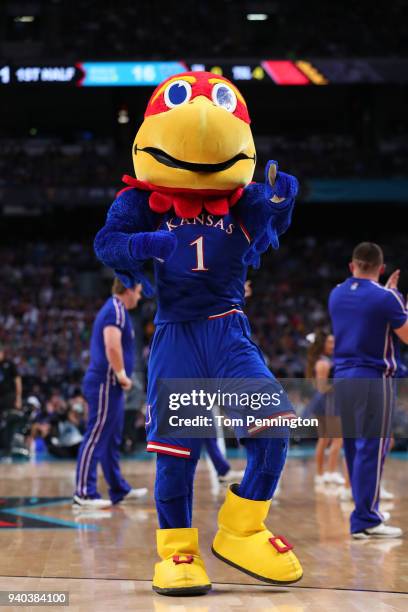 The Kansas Jayhawks mascot "Big Jay" performs in the first half during the 2018 NCAA Men's Final Four Semifinal between the Villanova Wildcats and...