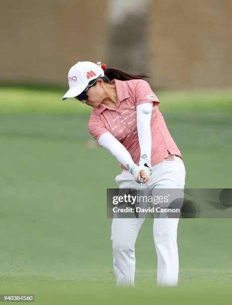 Ayako Uehara of Japan plays her second shot on the par 4, 15th hole during the third round of the 2018 ANA Inspiration on the Dinah Shore Tournament...