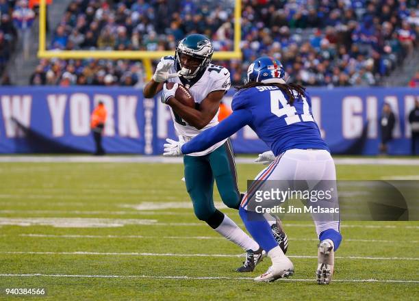 Nelson Agholor of the Philadelphia Eagles in action against Kelvin Sheppard of the New York Giants on December 17, 2017 at MetLife Stadium in East...