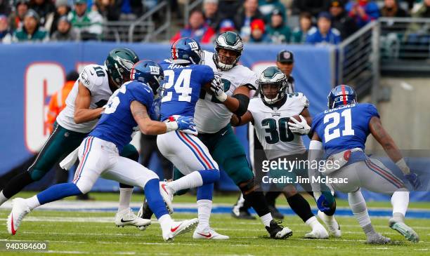 Corey Clement of the Philadelphia Eagles in action against the New York Giants on December 17, 2017 at MetLife Stadium in East Rutherford, New...