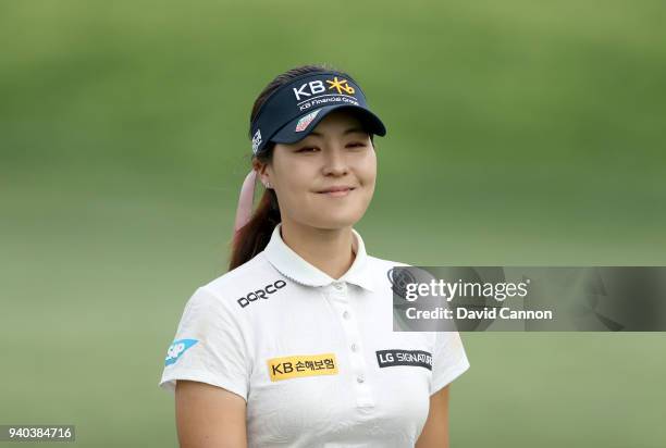 In Gee Chun of South Korea smiles to the crowds on the par 4, 16th hole during the third round of the 2018 ANA Inspiration on the Dinah Shore...