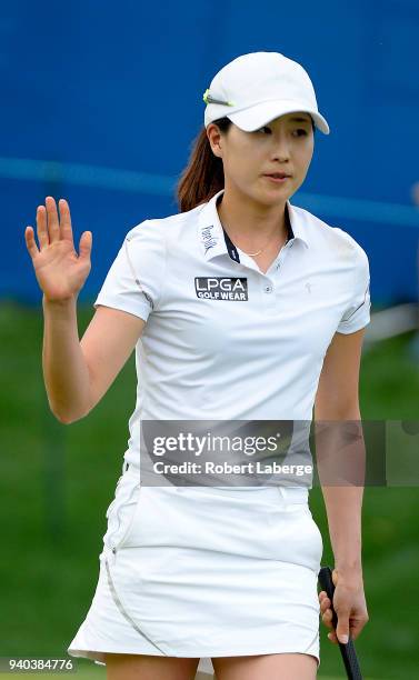 Jennifer Song celabrates after a birdie putt on the 17th hole during round three of the ANA Inspiration on the Dinah Shore Tournament Course at...