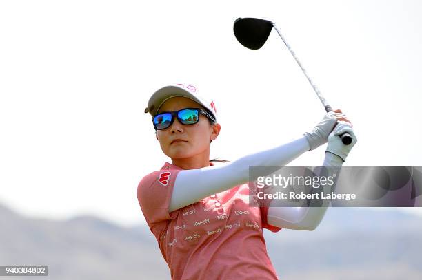 Ayako Uehara of Japan makes a tee shot on the fourth hole during round three of the ANA Inspiration on the Dinah Shore Tournament Course at Mission...