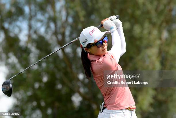 Ayako Uehara of Japan makes a tee shot on the third hole during round three of the ANA Inspiration on the Dinah Shore Tournament Course at Mission...
