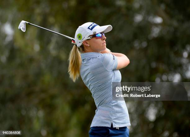 Jodi Haywart Shadoff of England makes a tee shot on the fifth hole during round three of the ANA Inspiration on the Dinah Shore Tournament Course at...