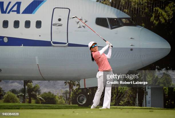 Ayako Uehara of Japan makes a tee shot on the 15th hole during round three of the ANA Inspiration on the Dinah Shore Tournament Course at Mission...