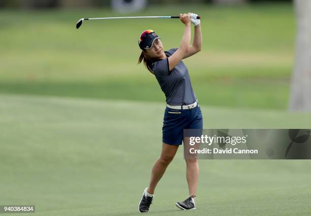 Hee Young Park of South Korea plays her second shot on the par 5, 18th hole during the third round of the 2018 ANA Inspiration on the Dinah Shore...