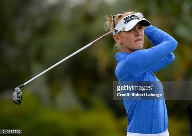 Jessica Korda makes a tee shot on the sixth hole during round three of the ANA Inspiration on the Dinah Shore Tournament Course at Mission Hills...