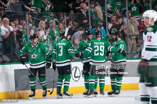 Jamie Benn, John Klingberg, Alexander Radulov, Greg Pateryn and Tyler Seguin of the Dallas Stars celebrate a goal against the Minnesota Wild at the...