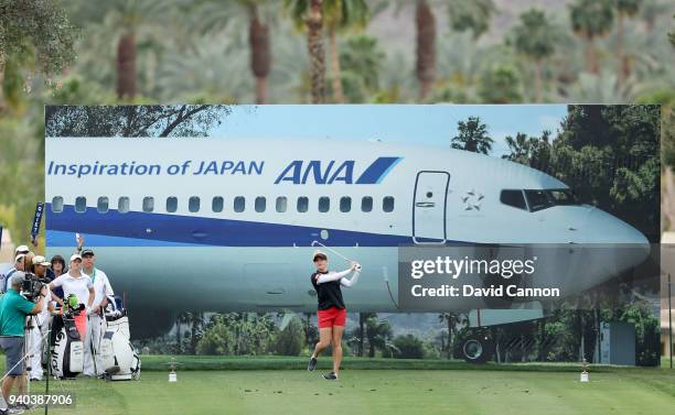 Charley Hull of England plays her tee shot on the par 3, 17th hole during the third round of the 2018 ANA Inspiration on the Dinah Shore Tournament...