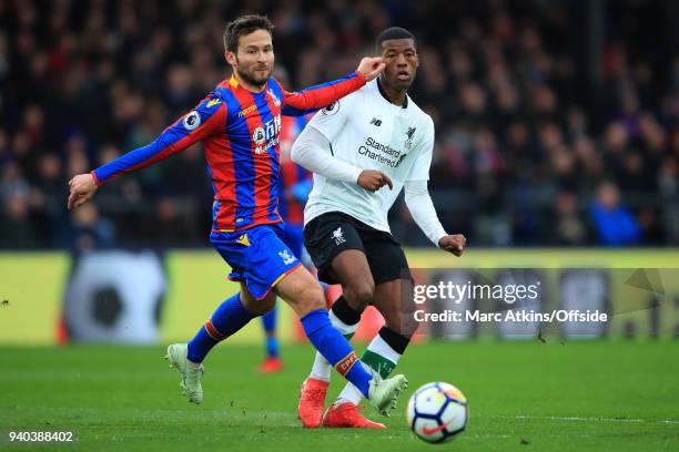 Yohan Cabaye of Crystal Palace in action with Georginio Wijnaldum of Liverpool during the Premier League match between Crystal Palace and Liverpool...