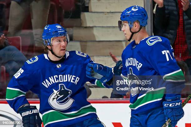 Nikolay Goldobin of the Vancouver Canucks is congratulated by teammate Jussi Jokinen after scoring during their NHL game against the Columbus Blue...