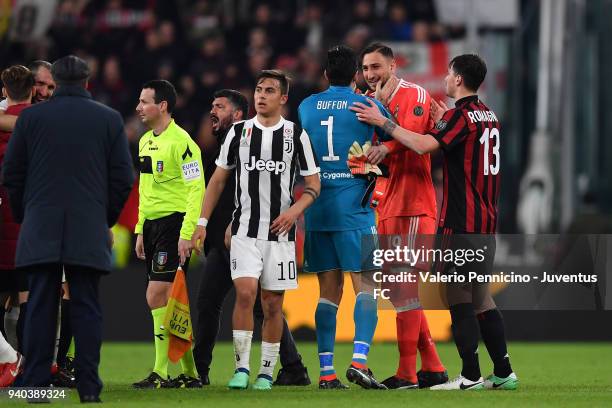 Juventus Goalkeeper Gianluigi Buffon and Milan goalkeeper Gianluigi Donnarumma at the end of the serie A match between Juventus and AC Milan at...