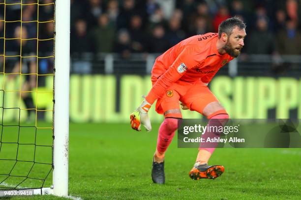 Allan McGregor goalkeeper of Hull City keeps a close eye on play during the Sky Bet Championship match between Hull City and Aston Villa at KCOM...