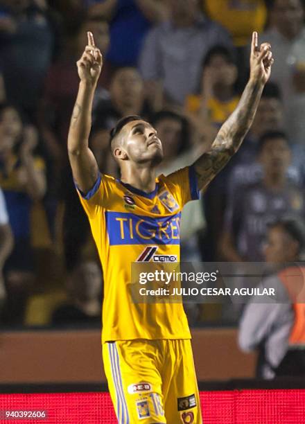 Tigres's player Ismael Sosa celebrates after scoring against Leon during the Mexican Clausura 2018 tournament football match at the Universitario...