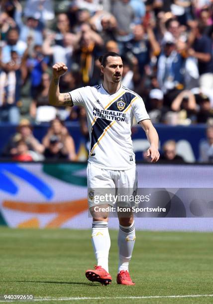 Zlatan Ibrahimovic of the Los Angeles Galaxy pumps his fist during an MLS soccer match between Los Angeles FC and the Los Angles Galaxy on March 31,...