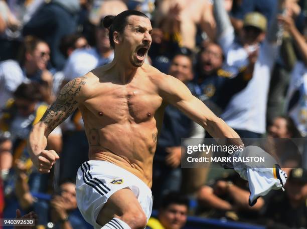 Zlatan Ibrahimovic from LA Galaxy celebrates after scoring against LAFC during their Major League Soccer game at the StarHub Center in Los Angeles,...