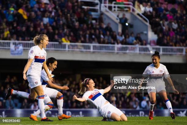 Eugenie Le Sommer of Olympique Lyon celebrates with her teammates after scoring the opening goal during the UEFA Women's Champions League Quarter...
