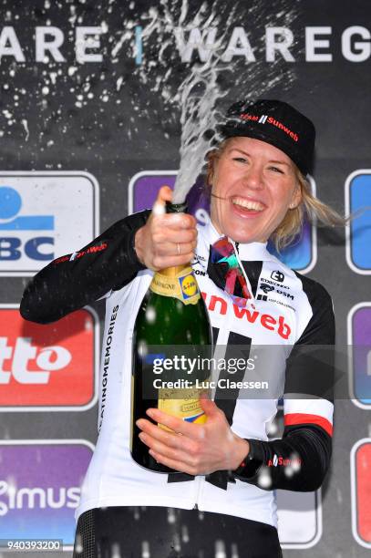 Podium / Ellen van Dijk of The Netherlands and Team Sunweb / Celebration / Champagne / during the 7th Dwars door Vlaanderen 2018 a 117,7km women's...